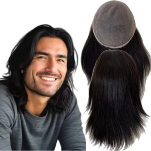 12 inches Long Hair Indian Virgin Human Hair Systems #1b Black 8×10 Toupee Full Lace Units for Asian Men