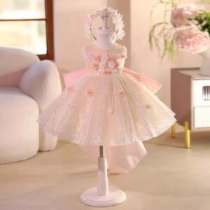 Dreamy Vow Charming Tulle Baby Girl Dress With lace headdress Bow Sleeveless for Kids Eid al-Fitr Birthday Party  Ball Gown J788