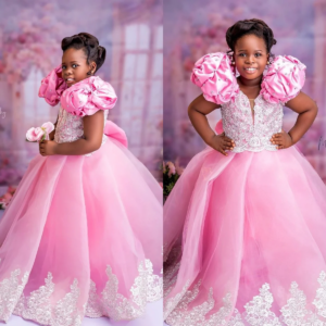 Pink Princess Kids Birthday Dresses Beaded Lace Flower Girl Dresses for Wedding Baby Girls Prom for Photoshoot