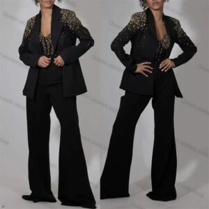 Crystal Black Women Suit Set for Wedding 3 Piece Camisole Top+Blazer+Pants Luxury Formal Lady Jacket Coat Prom Dress Custom Made