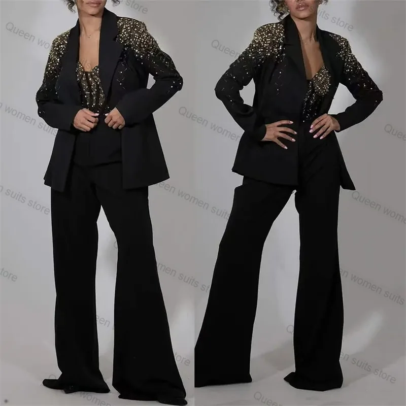 Crystal Black Women Suit Set for Wedding 3 Piece Camisole Top+Blazer+Pants Luxury Formal Lady Jacket Coat Prom Dress Custom Made