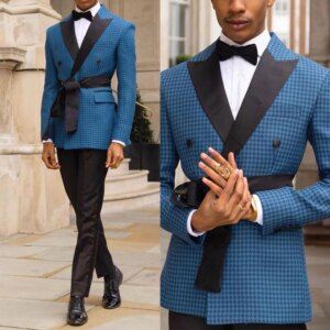 Fashion Men Suits Winter Houndstooth Belt Hot Sale 2-pieces Slim Party Tuxedos High Qualit Formal Occasion Size Customized