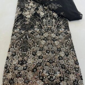 Latest Nigerian Lace Fabric black lace fabric African Lace Fabric 2025 High Quality 5 Yard Beaded Fabric Ball Gown Dress A1042-1