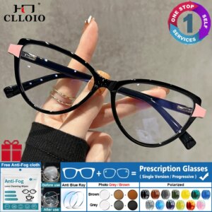 CLLOIO Women Geometric Cat Eye Prescription Glasses Photochromic Myopia Ladies Glasses Anti Blue Ray Reading Computer Eyeglasses