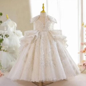 Jill Wish Luxury White Girl Dress Beaded Sequined Dubai Kids Princess Birthday Wedding Party First Communion Long Gown 2025 J213