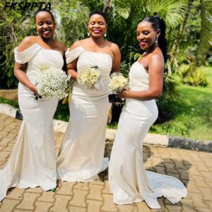 Wholesale White Mermaid Long African Bridesmaid Dresses One Shoulder Strapless Corset Back Custom Made Maids Of Honor Gowns
