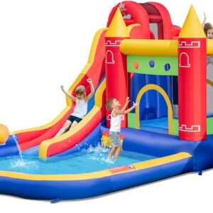Inflatable Water Slide, 9 in 1 Bounce House Water Slide Combo for Outdoor Fun w/Large Splash Pool, Ball Pit, Blow up Bouncy Cast