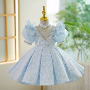 Dreamy Vow Charming V-Neck Design Pearl Lace Baby Girl Dress With Flower Pattern Eid al-Fitr Wedding Birthday Ball Gown J799