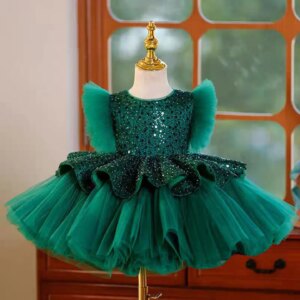 Jill Wish Elegant Green Sequine Girl Dress Puffy Sleeve Kids Princess Birthday Wedding Party Children Holiday Ball Gown J353