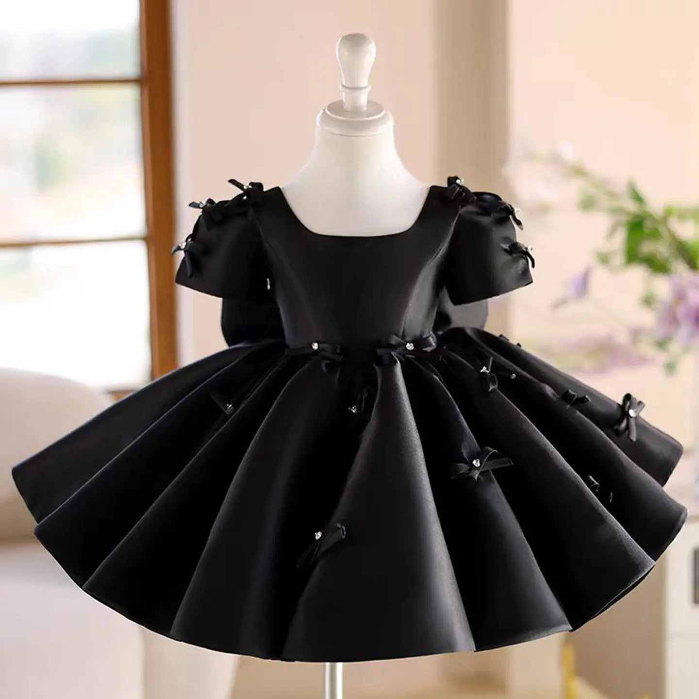 Dreamy Vow Elegant Baby Girl Dress Short Sleeved Satin Bowed for Kids Spring Summer Holiday Party Knee Length Ball Gown J720