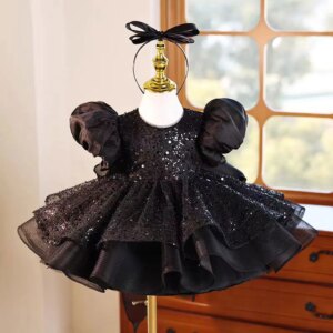 Jill Wish Black Flower Girl Dress Beads Puffy Sleeve Princess Toddler Kids Wedding 1st Birthday Pageant Party Ball Gown J459