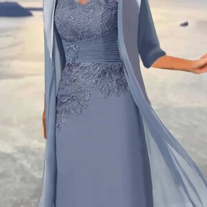 Custom Mother of the Bride Gown Mid-Length Gray Blue Long Sleeve Floral Embroidery Layered Pleats Autumn Round Neck Elegant
