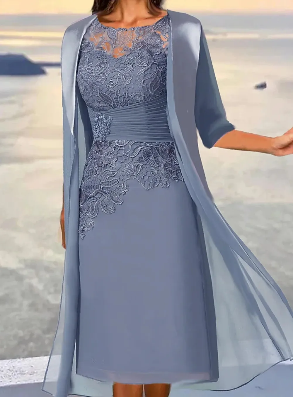 Custom Mother of the Bride Gown Mid-Length Gray Blue Long Sleeve Floral Embroidery Layered Pleats Autumn Round Neck Elegant