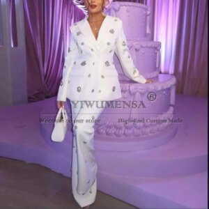 Metallic Jewelry Ornament Women Pants Suits Customized Mother Of Bride Dresses Double Breasted jacket Trousers 2 Pieces Sets