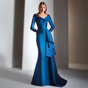 Elegant Wedding Guest Dresses for Women 3/4 Sleeves Mermaid Formal Gown Blue Satin V Neck Ruffle Trumpet 2024 Evening Dress Long