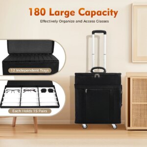 Eyeglasses Storage Trolley Case Practical Buckles Aluminum Alloy Pull Rod 12 Trays 180 Compartments 46*27*57cm