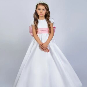 BABYONLINE Fairy Girl Communion Ceremony Gown Bow A-line Half- Sleeve Floor length MiniBride Dress Customized