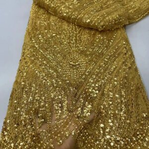 African Beaded High Quality Nigerian Sequins With Pearl Lace French Tulle Lace Fabric For Party Dress Sewing