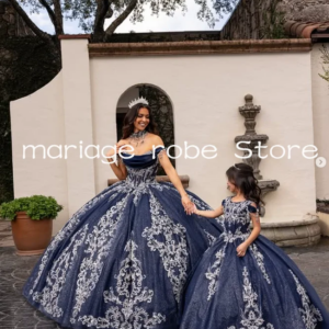 Navy Blue Sparkly Flower Girls Dresses Gillter Applique Tassel Mini Quinceanera Dress Customsized Lovely Wedding Party Gown