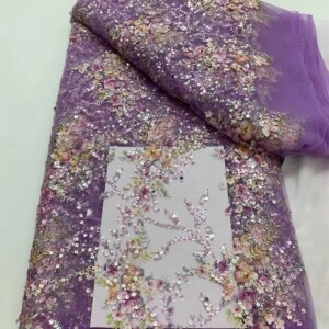 Purple African Sequins Lace Fabric 2024 High Quality Tulle Lace French Nigerian Net Beaded Lace Fabric For Sewing Wedding Dress