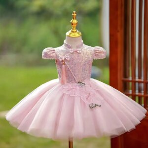 Jill Wish Elegant Pink Arabic Girl Dress Flowers Knee Length Princess for Kids Wedding 1st Birthday Holiday Party Ball Gown J494