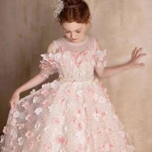 Jill Wish Luxury Pink Flower Girl Dress 3D Flowers Off Shoulder Princess Kids Wedding Birthday Pageant Party Pageant Gown J011