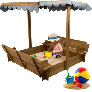Wooden Sandbox with Lid, Kids Sandbox with Cover Outdoor, with 2 Foldable Bench Seats for Backyard (47x47in), UV-Resistant & Adj