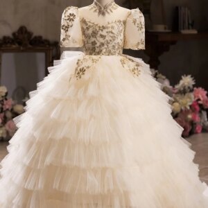 Girls’ Embroidered Princess Gown with Train – Fashionable and Luxurious Floral Embroidery Long Dress Carnival Birthday Runway