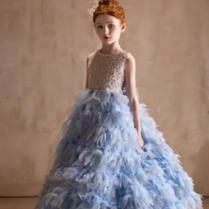 Elegant Blue Feather Flower Girl Dress Pearls Princess Children Wedding Birthday Pageant Party Evening Gown