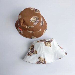 Children’s Bucket Hat Flat Top Cute Bear Print Boys and Girls Sunshade Baby Hat