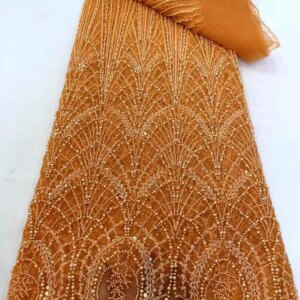 Orange African French Sequins Lace Hot Sale Embroidery Luxury Beads Nigerian Net Tulle Lace Fabric For Wedding Dress