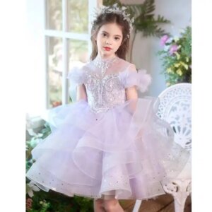 Jill Wish Luxury Lilac Puffy Flower Girl Dress Beaded for Princess Child Wedding Birthday Performance Party Evening Gown J512