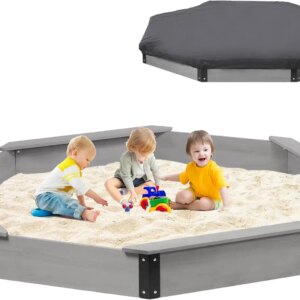 85”x78”x9” Wooden Octagon Sandbox with Cover, Large Sandpit for Kids Outdoor Patio Backyard Play, Easy & Quick Assemble