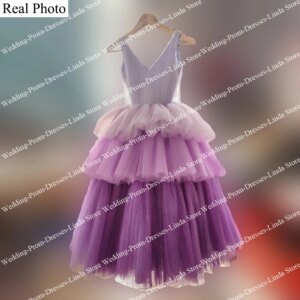 Long Shiny Purple Flower Girls’ Dresses for Weddings Party Gala V-Neck Backless Floor-Length Kid’s Princess Ball Gown 2023 New