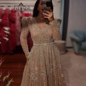 FATAPAESE Customized Arabic Dubai Gowns Full Over Crystal Beaded Long Sleeve Luxury Saudi Evening Dress Gown For Formal Occasion