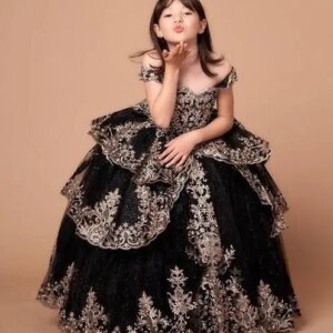 Black Mini Quinceanera Dresses Mexican Ball Gown Appliques Flower Girl Dresses For Weddings Pageant Dresses Kids Baby Customized
