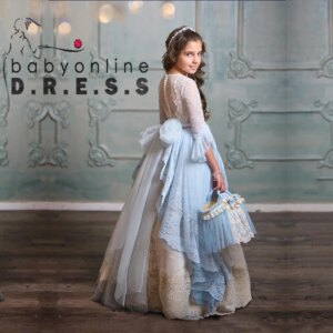 BABYONLINE Customized Vestidod comunión Dress Half Sleeves and a Long Skirt Flowers Lace Embroidery Belt On the Bodice Top Gown