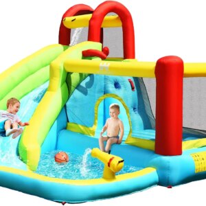 6-in-1 Bounce House, Inflatable Jumper w/Slide, Climbing Wall, Splash Pool, Water Gun, Basketball Hoop, Outdoor Indoor Blow Up B