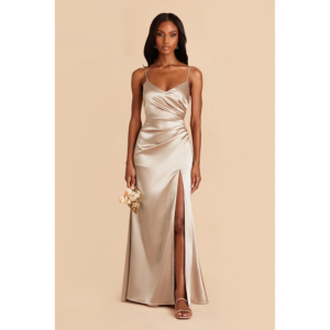 QueensLove Bridesmaid Dress V-Neck Wedding Dress High Split Satin Prom Dress Backless Straps Elegant High Split Dress