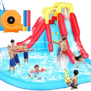 Inflatable Water Slide for Kids Backyard 12-in-1 Blow Up Water Park with 520W Blower, Climbing Wall, Splash Pool, 2 Water Squirt