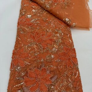 Orange Lace Fabric With Sequins African Lace Fabric 5 Yards High Quality 2025 Green Beaded Tulle Lace Fabrics For Sewing