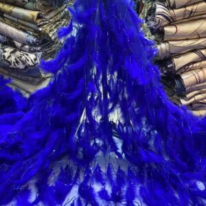 African Lace Fabric 2024 High Quality Royal Blue Feather Tulle Lace Feather Sequence French Mesh Lace For Wedding Sewing KB3530