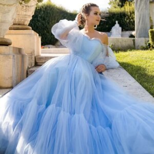Lavender Puffy Sleeve Prom Dress Sweetheart Tulle Ball Gown Slit Formal Evening Gowns Princess Wedding Dresses