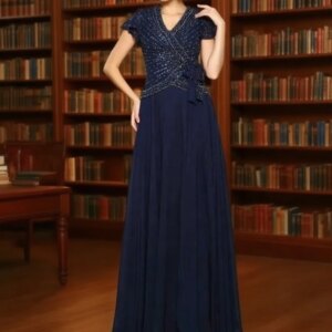 Customized Navy Blue Mother Of The Bride Dresses A-line Cap Sleeves Chiffon Bead Plus Size Long Groom Mother Dresses For Wedding