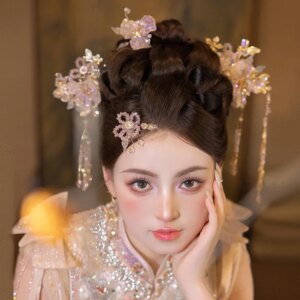 Golden Antique Style Xiuhe Wedding Jewelry Holy Girl Crown Headdress Pink to Make You Younger Wedding Follow-up Hair Accessories