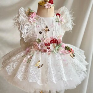 Lace Girls Birthday Dresses Customized Appliqued White Short Flower Girl Dresses for Wedding Party Baby First Communion Dress
