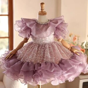 Dreamy Vow Adorable Purple Girl Dress Ruffled Neckline Tulle Lace for Kids Eid al-Fitr Wedding Birthday Party Ball Gown J449