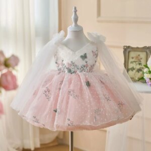Jill Wish Cute Pink Flower Girl Dress Appliques with Cap Sleeve for Kids Princess Wedding Birthday Holiday Party Pageant J470