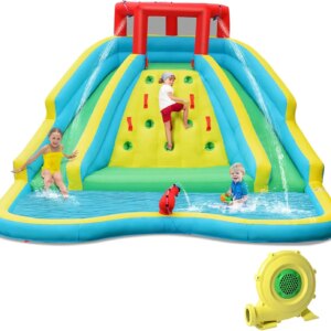 Inflatable Water Slide With 750w Blower, Giant Kids Water Park w/ 2 Long Slides & Climbing Wall, Water Hoses & Cannon