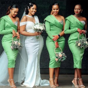 ELegant Mint Green Short Bridesmaid Dresses One Shoulder Full Sleeve Sheath Crystals Satin High Quality Maids Of Honor Gowns
